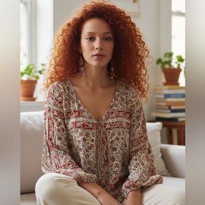 Chaser Red Off White Floral Deep V Boho Top Size M